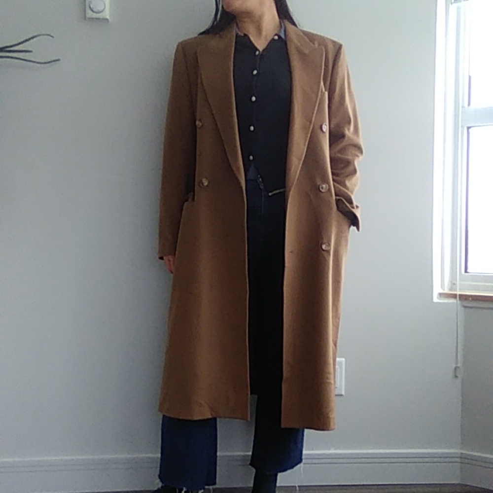 Loro Piana Hugo Boss vintage men's wool camel tan long trench coat peacoat Lrg - Picture 4 of 16
